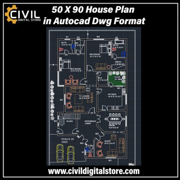 50 X 90 House Plan in Autocad Dwg Format